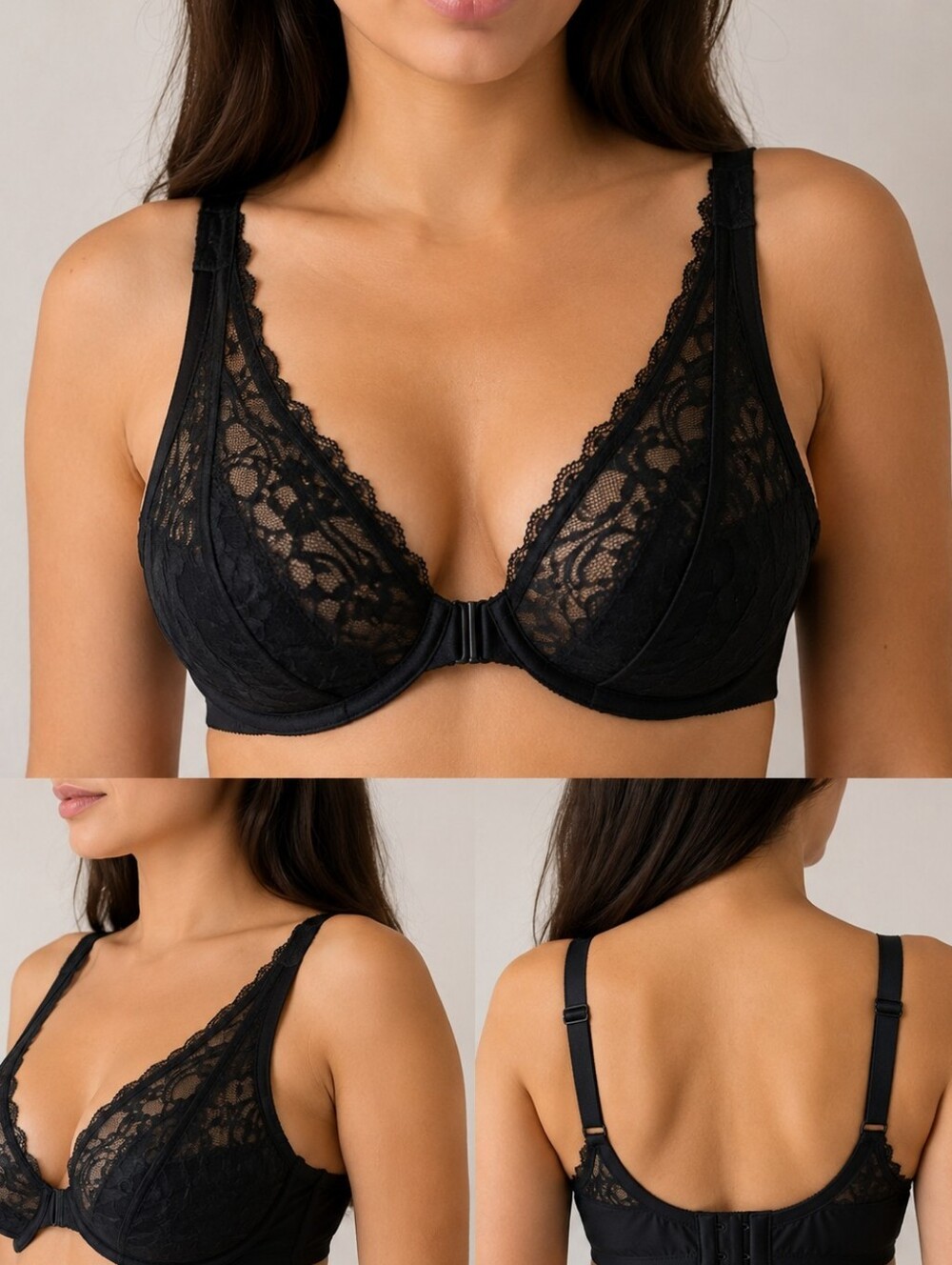 Glamorise Black Lace Full Coverage Underwire Bra - 46D
